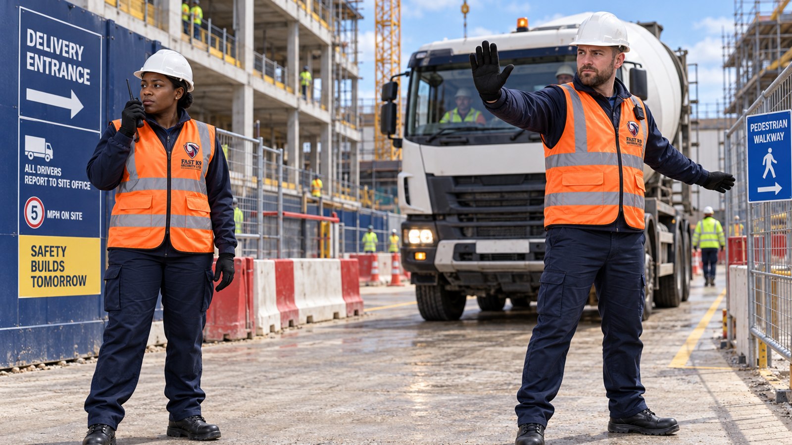 Fast K9 Security Limited traffic marshal directing a concrete delivery on a construction site